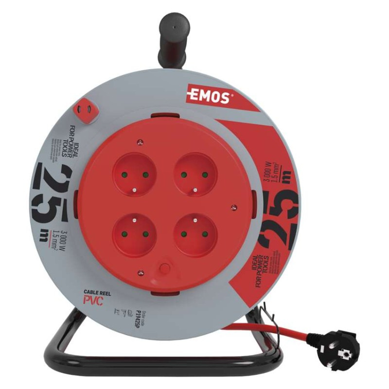 Predlžovací kábel na bubne 25 m / 4 zásuvky / červený / PVC / 230 V / 1,5 mm2