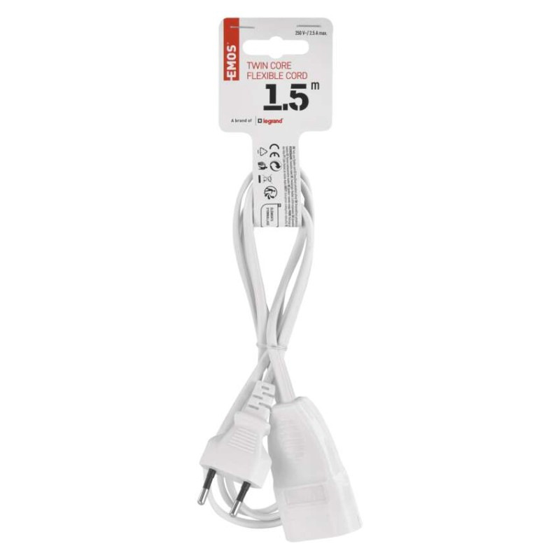 Dvojžilový pohyblivý prívod 1,5 m / 1 zásuvka / biely / PVC / 0,75 mm2 2