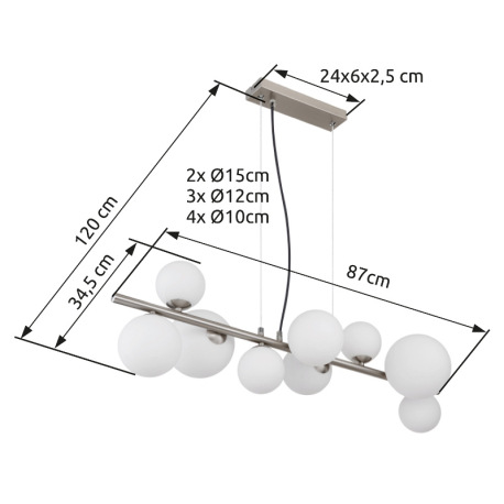 Závesné svietidlo, nikel, sklo biele, kábel PVC transparentný, DxŠxV: 870x345x1200mm, sklo ø: 4x10cm 9