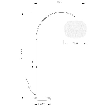 Stojanové svietidlo, kov nikel matný, textil biely, tienidlo s bielym perím, výškovo nastaviteľné, v 7