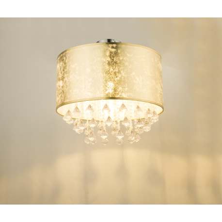 Stropné svietidlo, kov nikel matný, textil zlatý, akrylové krištále priehľadné, Ø400, V:380, bez žia 13