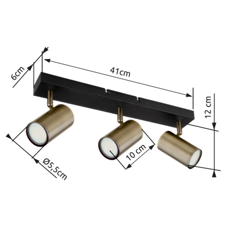 Stropné svietidlo, kov čierny, mosadz, DxŠxV:410x60x120mm, bez žiaroviek 3x GU10, max. 35W 230V 14