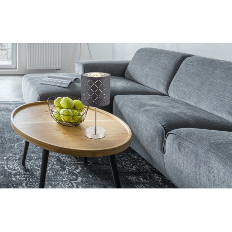 Stolová lampa, kov nikel matný, textil sivý, tienidlo s dekoratívnym dierovaním, kábel 1,5m, vypínač 1