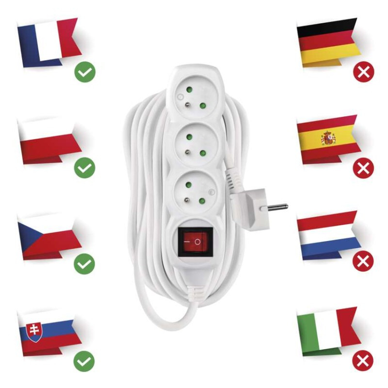 Predlžovací kábel 10 m / 3 zásuvky / s vypínačom / biely / PVC / 1,5 mm2 1