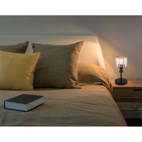 Stolové svietidlo, kov čierny matný, akrylové krištále číre, kábel PVC čierny, kolískový vypínač na 10