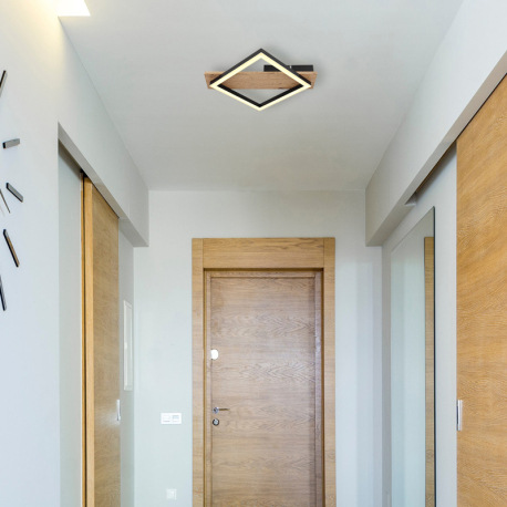 Stropné svietidlo, kov čierny matný, MDF so vzhľadom dreva, plast čierny matný, plast biely, DxŠxV: 9