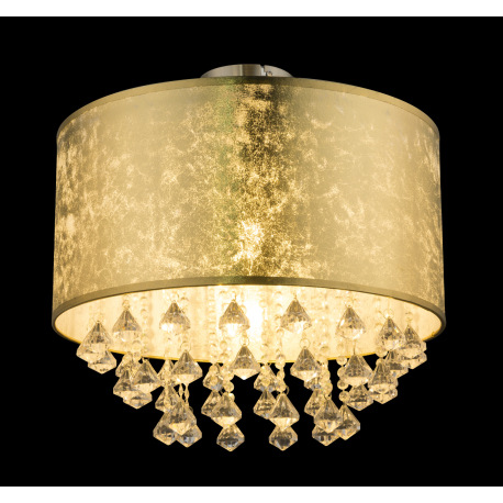 Stropné svietidlo, kov nikel matný, textil zlatý, akrylové krištále priehľadné, Ø400, V:380, bez žia 10