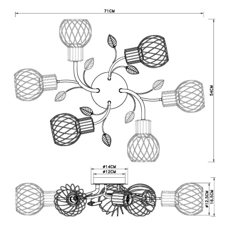 Stropné svietidlo, kov čierny a mosadzný, s dekoratívnymi listami, DxŠxV:710x540x165, bez žiaroviek 9