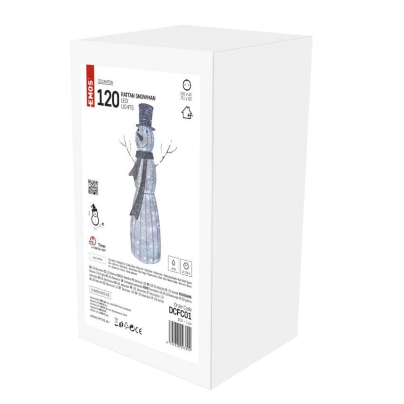 LED vianočný snehuliak ratanový, 124 cm, vnútorný, studená biela, časovač 1