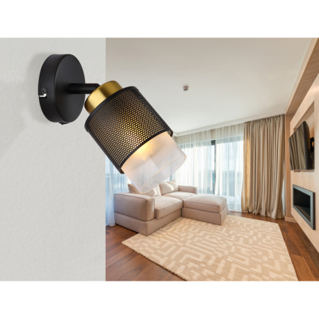 Nástenné svietidlo, kov čierny matný, sklo satinované, priehľadné, kov mosadznej farby, ŠxV: 100x190 11