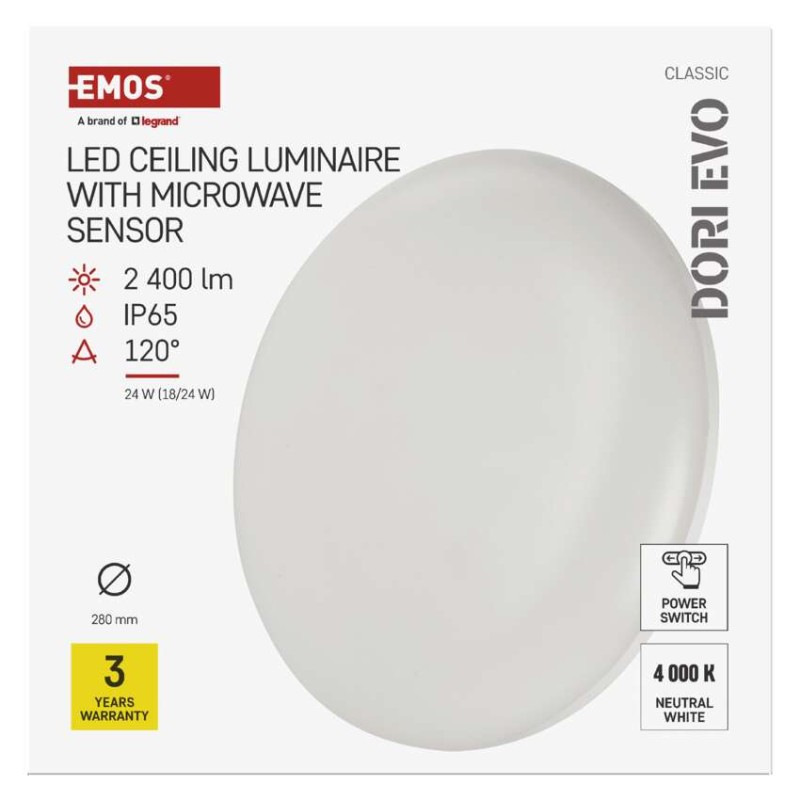 LED stropné svietidlo DORI EVO, MW sensor, okrúhle biele 24W, IP65, Neutrálna biela 6