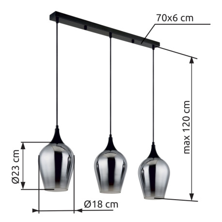 Závesné svietidlo, čierny matný kov, sklo dymové/číre, čierny textilný kábel, možnosť skrátenia výšk 6