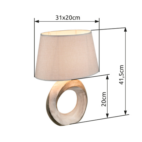 Stolová lampa, keramika, mramor, textil sivý, vypínač, DxŠxV: 310x200x415, bez žiarovky 1xE27, max. 5