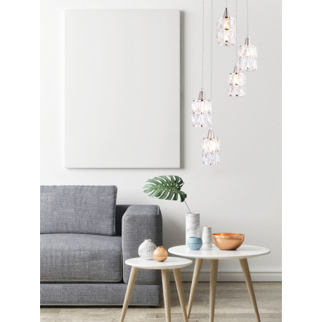 Závesné svietidlo, nikel matný, chróm, sklenené krištále, Ø300, V:1200, bez žiaroviek 5xE14, max. 40 6