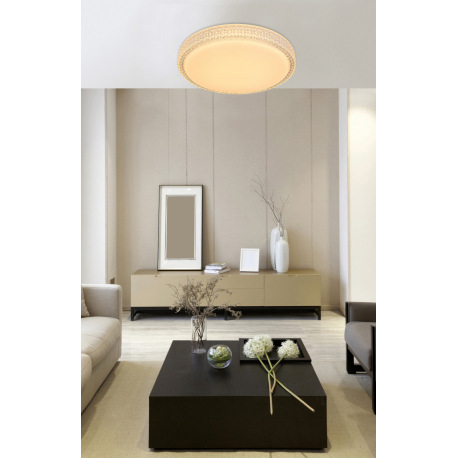 Stropné svietidlo, kov biely, akryl biely, priehľadné plastové krištále, zmena farby svetla pomocou 11