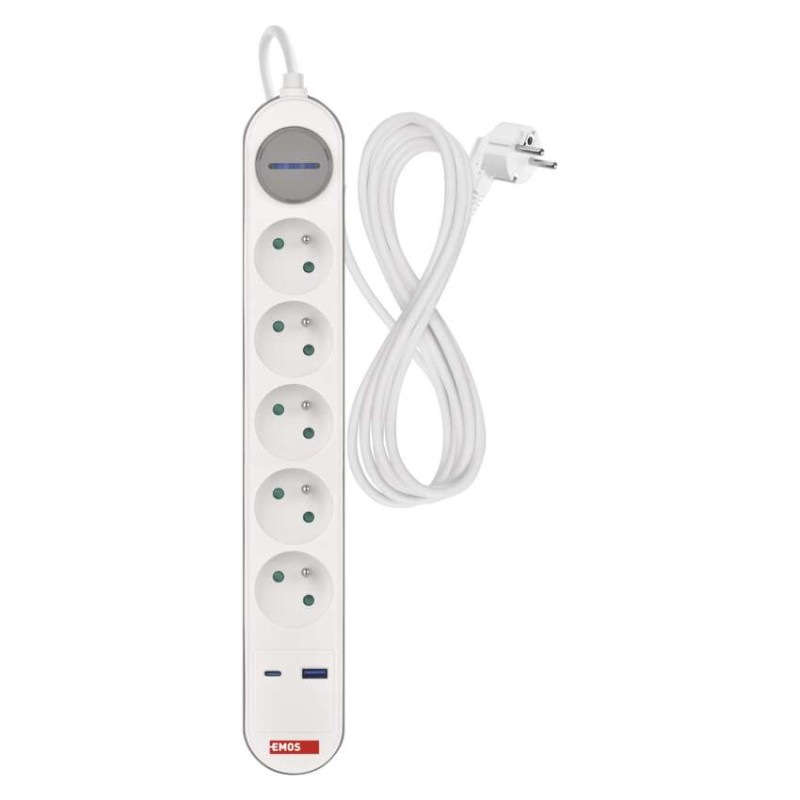 Predlžovací kábel 3 m / 5 zásuvky / s vypínačom / bielo-sivý / 1×USB-A + 1×USB-C / 1,5 mm2