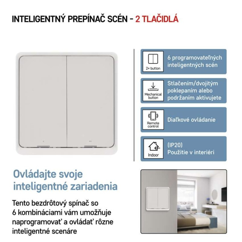 GoSmart Prenosný ovládač scén IP-2002ZW, ZigBee 3.0, 2-tlačidlový