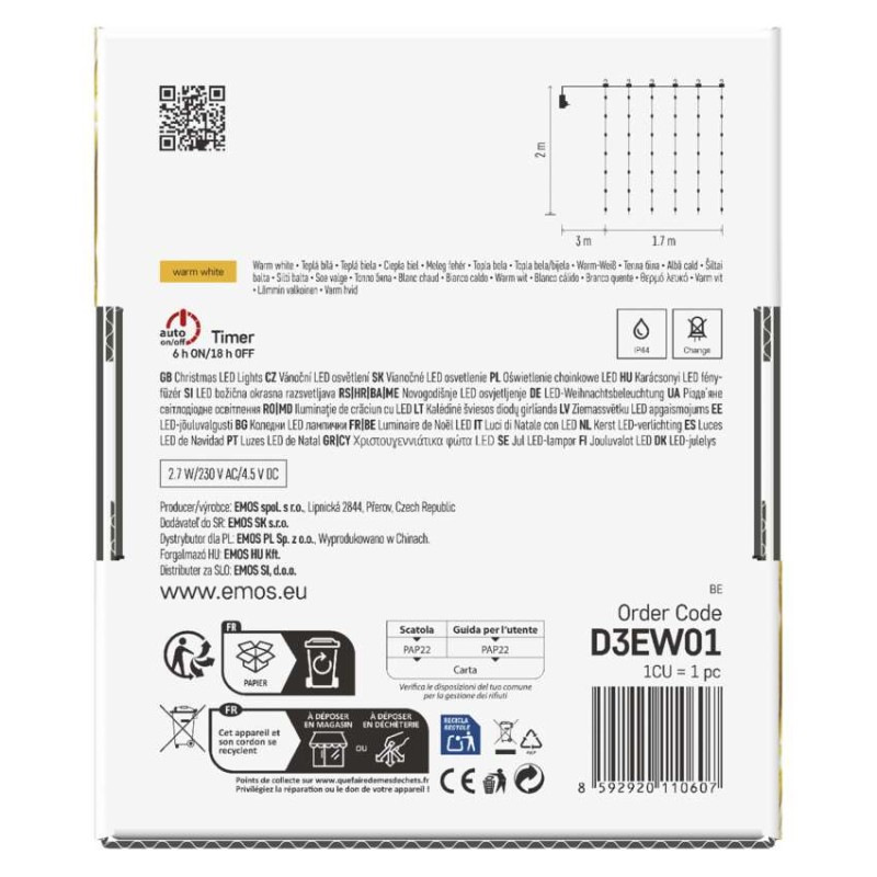 LED vianočná drop reťaz – záclona, 1,7x2 m, vonkajšia aj vnútorná, teplá biela, programy 8
