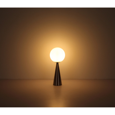 Stolové svietidlo, kov nikel, sklenená guľa biela, kábel textilný čierny, kolískový vypínač na kábli 11