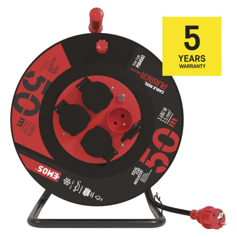 Vonkajší predlžovací kábel na bubne 50 m / 4 zás. / čierny / guma-neoprén / 230V / 2,5 mm2 10