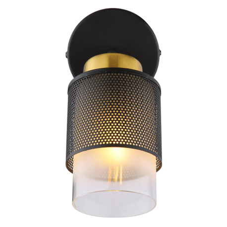 Nástenné svietidlo, kov čierny matný, sklo satinované, priehľadné, kov mosadznej farby, ŠxV: 100x190 14