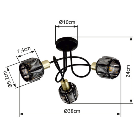Stropné svietidlo, kov čierny, kov zlatý, sklenené krištále dymové, ø: 380mm, V:240mm, bez žiaroviek 18