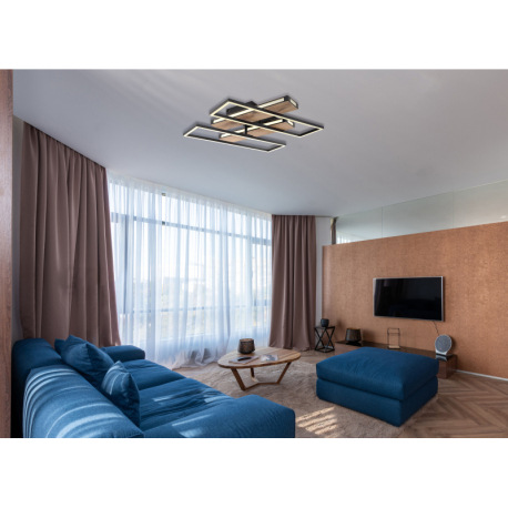 Stropné svietidlo, kov/hliník čierny matný, MDF so vzhľadom dreva, plast opál, niekoľko úrovní cez n 1