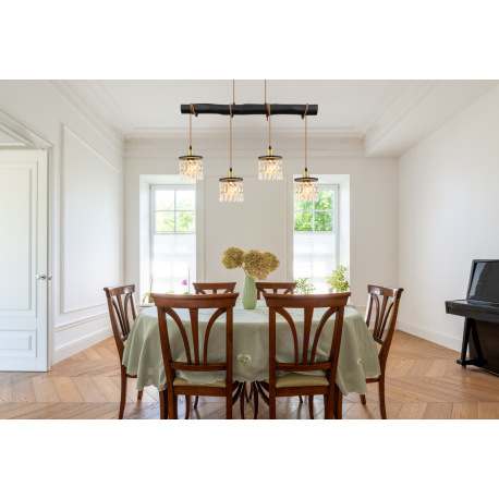 Závesné svietidlo, mosadz, drevo čierne, sklenené krištále, textilný kábel hnedý, nastaviteľná výška 1