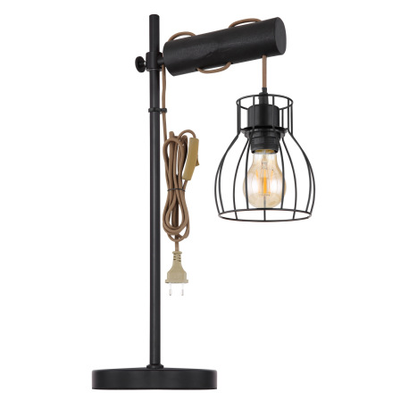 Stolová lampa, kov čierny, drevo čierne, imitácia spáleného dreva, textilný kábel šampaň, vypínač, D 13