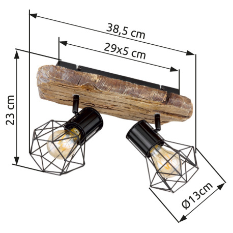 Nástenné svietidlo, kov čierny, plast vzhľad dreva, kovová mriežka, DxŠxV:385x120x230mm, bez žiarovi 12