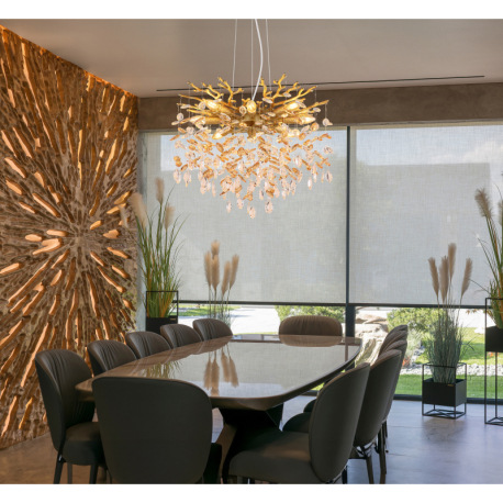 Závesné svietidlo, kov zlatej farby matný, sklenené krištále jantárové, číre, výškovo nastaviteľné, 1