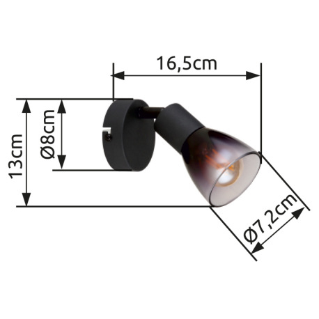Nástenné svietidlo, kov čierny, sklo dymové, priehľadné, ŠxV: 80x130mm, H: 165mm, bez žiarovky 1xE14 9