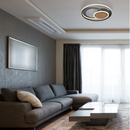 Stropné svietidlo, kov grafit, tmavohnedé drevo, akryl biely, Ø495, V:80, vrátane 1xLED 45W 230V, 49 7