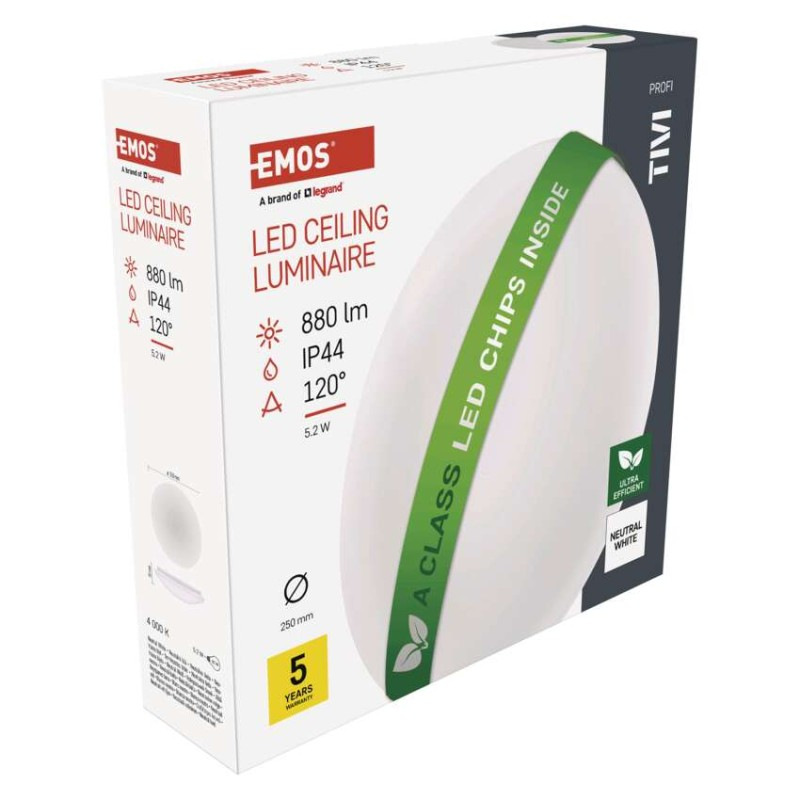 LED stropné svietidlo TIVI, A CLASS, okrúhle biele 5,2W, IP44, Neutrálna biela 9