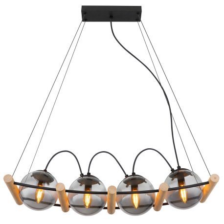 Závesné svietidlo kov čierny matný, drevo prírodnej farby, sklo dymovej farby, kábel PVC čierny, výš 3