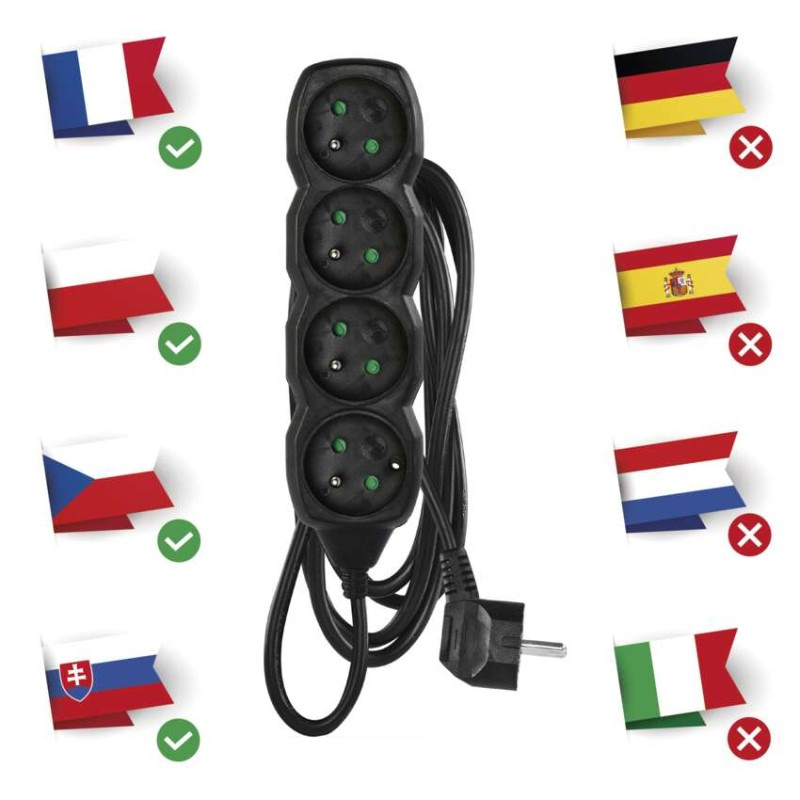 Predlžovací kábel 3 m / 4 zásuvky / čierny / PVC / 1 mm2 1