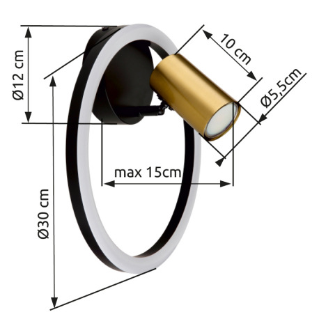 Nástenné svietidlo kov čierny matný, kov mosadz matná, plast biely, ø: 300mm, V: 150mm, vrátane LED 8