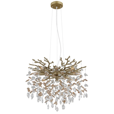 Závesné svietidlo, kov zlatej farby matný, sklenené krištále jantárové, číre, výškovo nastaviteľné, 8