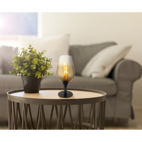 Stolové svietidlo, kov čierny, sklo zlatej farby, priehľadné, textilný kábel čierny, kolískový vypín 8