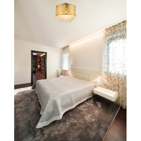 Stropné svietidlo, kov nikel matný, textil zlatý, akrylové krištále priehľadné, Ø400, V:380, bez žia 1