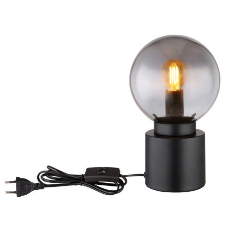 Stolová lampa, kov čierny matný, sklo dymové, kolískový vypínač na kábli, ø:150mm, V: 245mm, dĺžka k 9