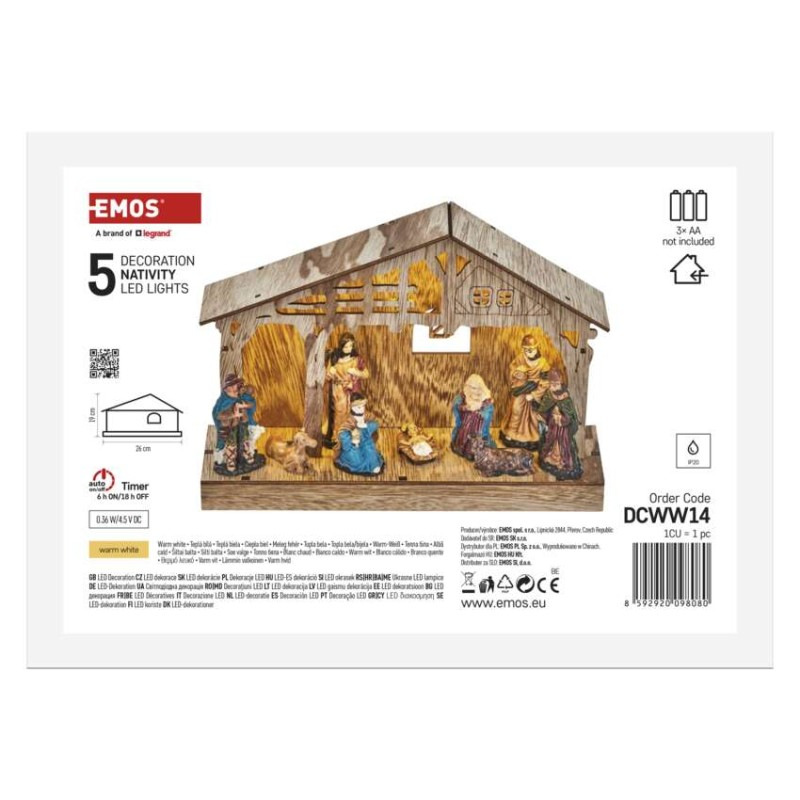 LED vianočný betlehem drevený, 19 cm, 3x AA, vnútorný, teplá biela, časovač 5
