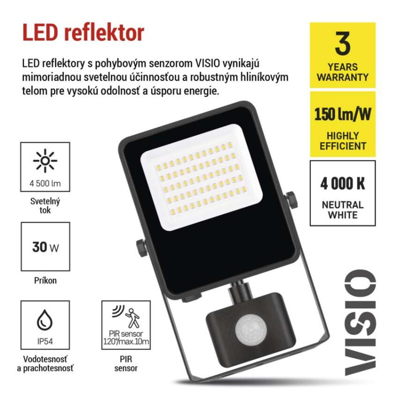 LED reflektor VISIO s pohybovým čidlom, 30 W, neutrálna biela, čierný 7