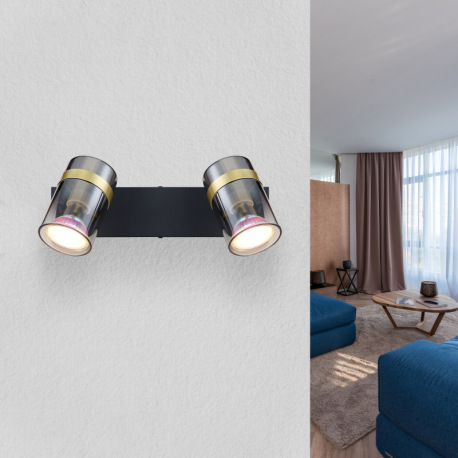 Nástenné svietidlo, bodové, kov čierny matný, dymové sklo s prechodom do priehľadného skla, mosadz, 11