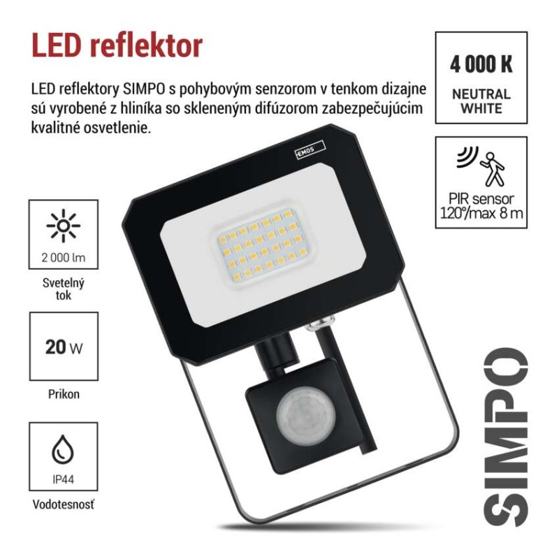 LED reflektor SIMPO s pohybovým čidlom 20 W neutrálna biela 5