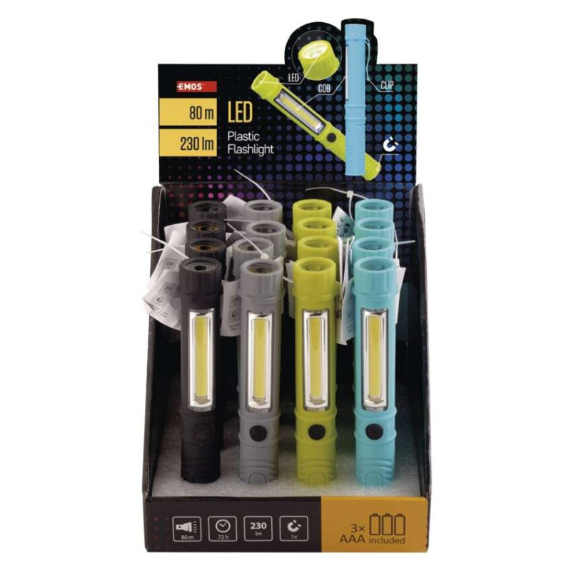 COB LED + LED ručné svietidlo P3897, 230 lm, 3× AAA, 16 ks, display box