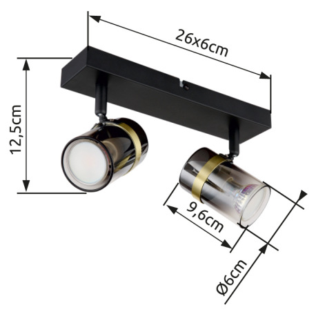Nástenné svietidlo, bodové, kov čierny matný, dymové sklo s prechodom do priehľadného skla, mosadz, 10