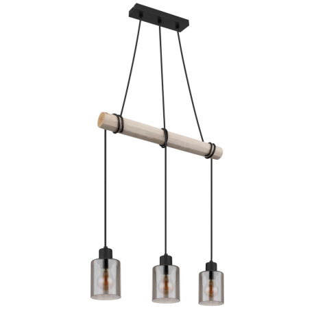 Závesné svietidlo, kov čierny, drevo prírodná farba, sklo dymová farba, kábel na omotanie, DxŠxV: 50 3