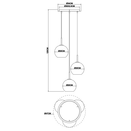 Závesné svietidlo, mosadz matná, priehľadné sklo, čierny kábel z PVC, Ø 470, V: 1200, bez žiaroviek 10