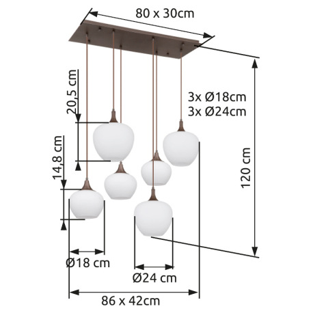 Závesné svietidlo, kov farba kávy, sklo biele, textilný kábel čierny, 2 veľkosti skiel, DxŠxV: 860x4 8